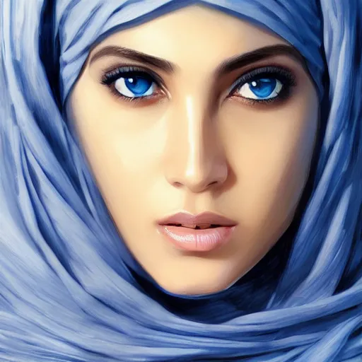 Prompt: african ameera al taweel , blue eyes, serious, elegant, white hijab, sharp focus, beautiful face, Hyper-realistic, Highly Detailed, HD, by Brom, by beeple, studio ghibli, wallpaper, highly detailed, trending on artstation