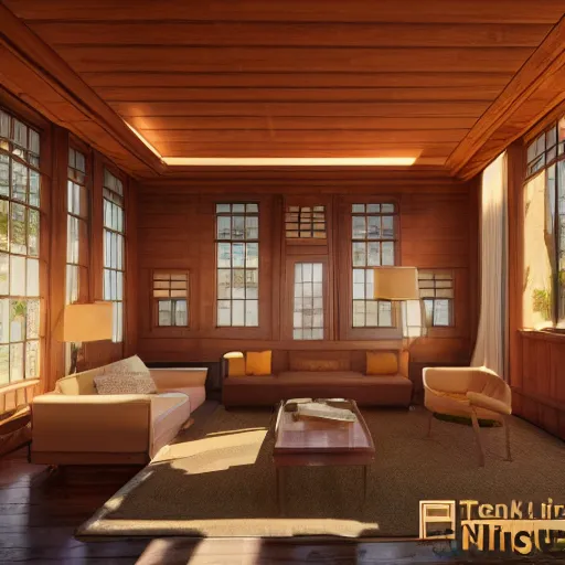 Prompt: Peaceful wooden mansion, unreal engine 5 tech demo, zillow interior, golden hour, living room, cozy, Frank Lloyd Wright ((Studio Ghibli))