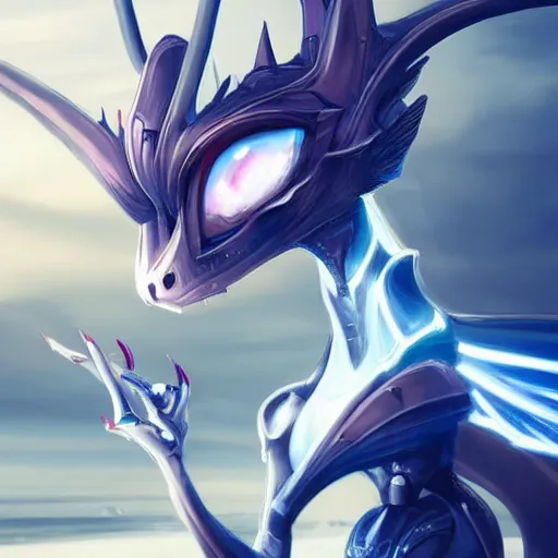 Prompt: amazing close-up shot of a cute and beautiful anthropomorphic robot female dragon, has two eyes, a sleek yet elegant design of metal plating, with two big epic wings behind her, two arms, the background is of the beach at night; high quality digital art, artstation, deviantart, furaffinity, high quality detail