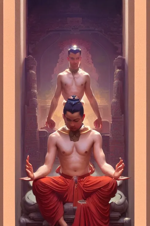 Image similar to male, temple, taoism, lotus, painting by greg rutkowski, j. c. leyendecker, artgerm