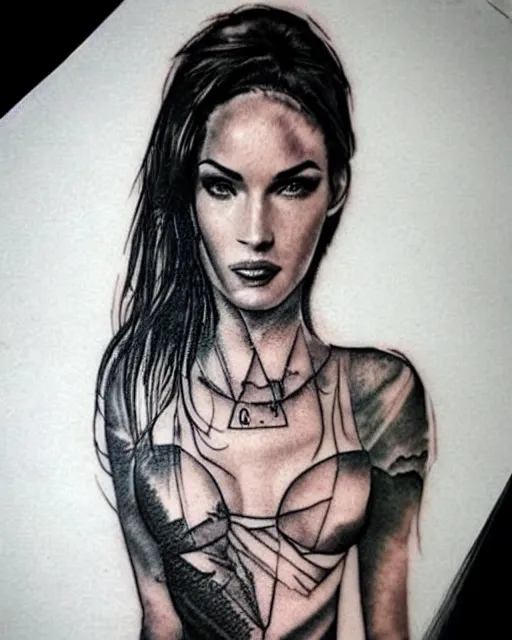 Image similar to creative double exposure effect tattoo design sketch of megan fox on a background of beautiful mountain scenery, realism tattoo, in the style of matteo pasqualin, amazing detail, sharp