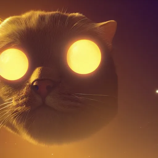 Prompt: reflection of planets and stars in the eye of a cute cat, volumetric lighting, glowing lights, 4k, octane, digital painting, artstation