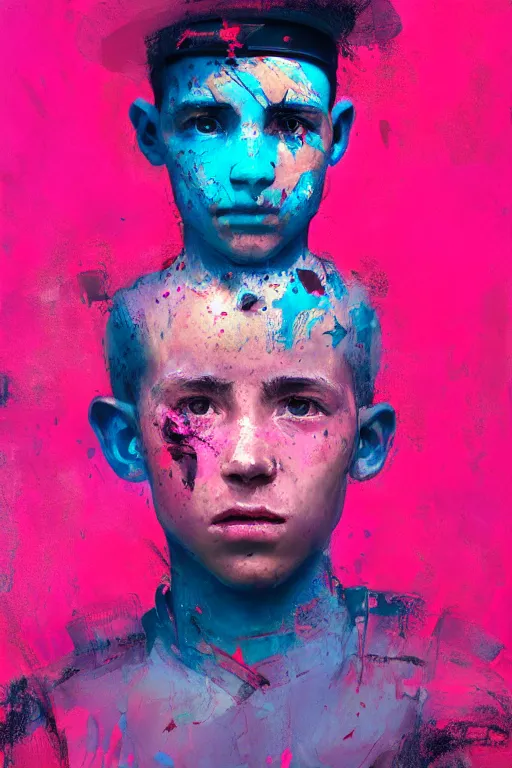Image similar to portrait of a young soldier boy nor living in a death apademic world, painterly painted in the colors hot pink and cyan, beautiful face, rule of thirds, soldier outfit, spotlight, octane, dramtic lit, award winning photography, by greg rutkowski, by jeremy mann, by francoise nielly, by van gogh, digital painting