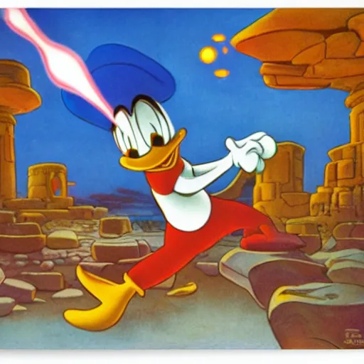 Image similar to donald duck, in a lost ancient city, by carl barks, atmospheric lights