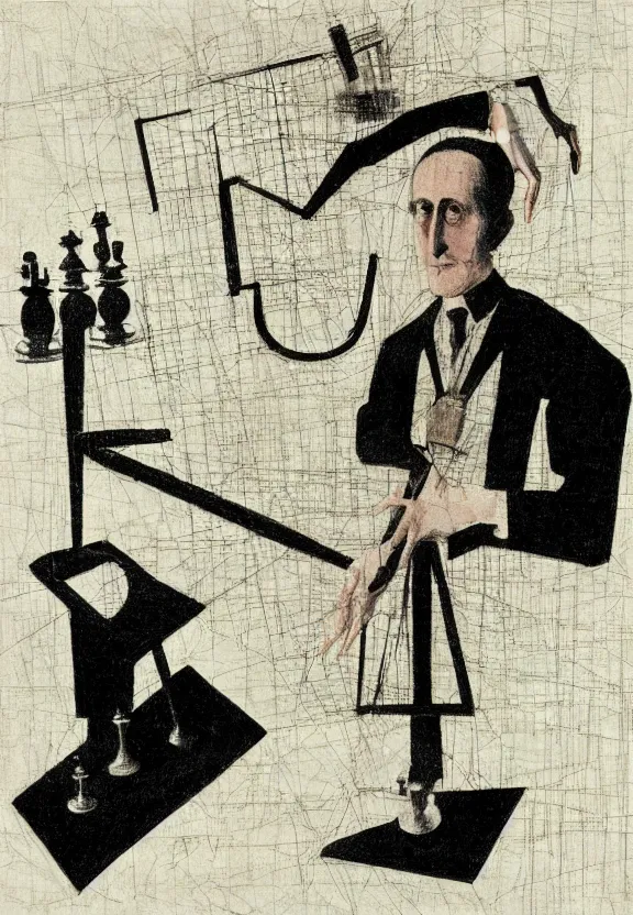 Image similar to a concept drawing of marcel duchamp holding up a chess - piece wire - machine, a surrealist painting by marcel duchamp, complex artificial - intelligence machinery, minimal sketch flow - chart, academic art, 1 9 2 0 s