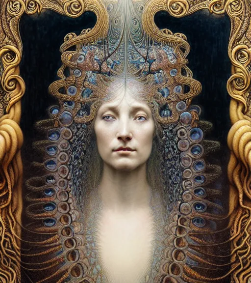 Image similar to detailed realistic beautiful opal goddess face portrait by jean delville, gustave dore, iris van herpen and marco mazzoni, art forms of nature by ernst haeckel, art nouveau, symbolist, visionary, gothic, neo - gothic, pre - raphaelite, fractal lace, intricate alien botanicals, biodiversity, surreality, hyperdetailed ultrasharp octane render