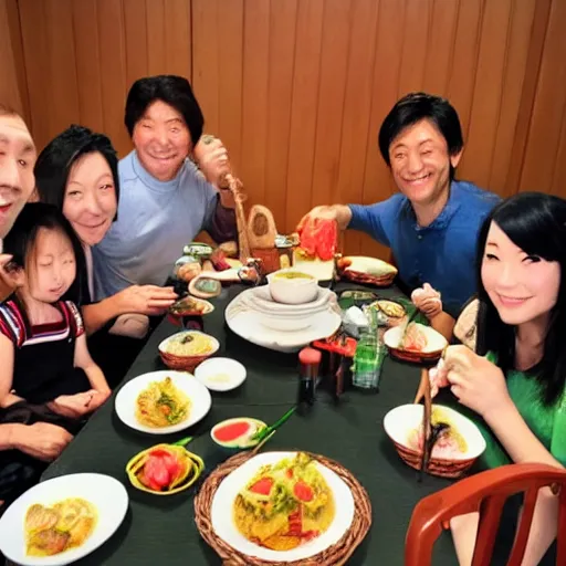 Image similar to photo of a japanese family having dinner with shrek