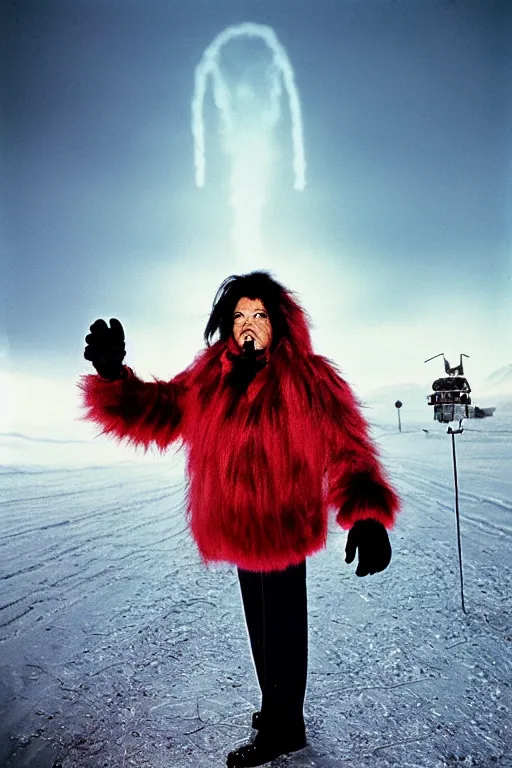 Image similar to 1 8 mm f 1 6 wide shot full body portrait photography of a crazy man wearing fur mittens who looks like a mix of lou diamond phillips and jack black wearing a retro alien invasion movie costume from the 1 9 6 0 s, photo by gregory crewdson