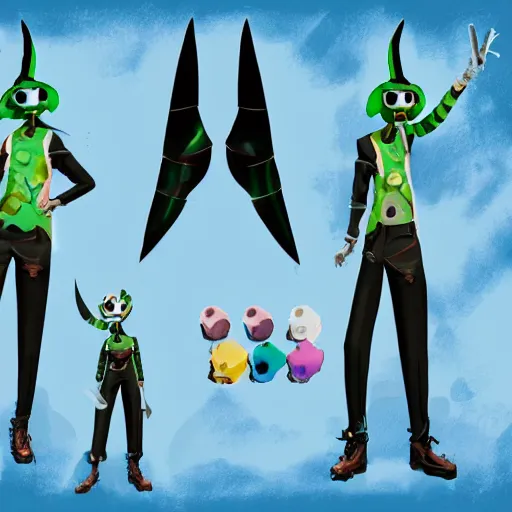 Image similar to character design sheets for a nonbinary gothic manta ray person who sells empty spray paint cans as a scam and is always covered in paint and clay and acting shady, designed by splatoon nintendo, inspired by tim shafer psychonauts 2 by double fine, cgi, professional design, gaming