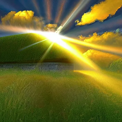 Prompt: a portal to heaven, god rays by phil koch, tim hildebrandt, wide shot, landscape art, outrun, concept art