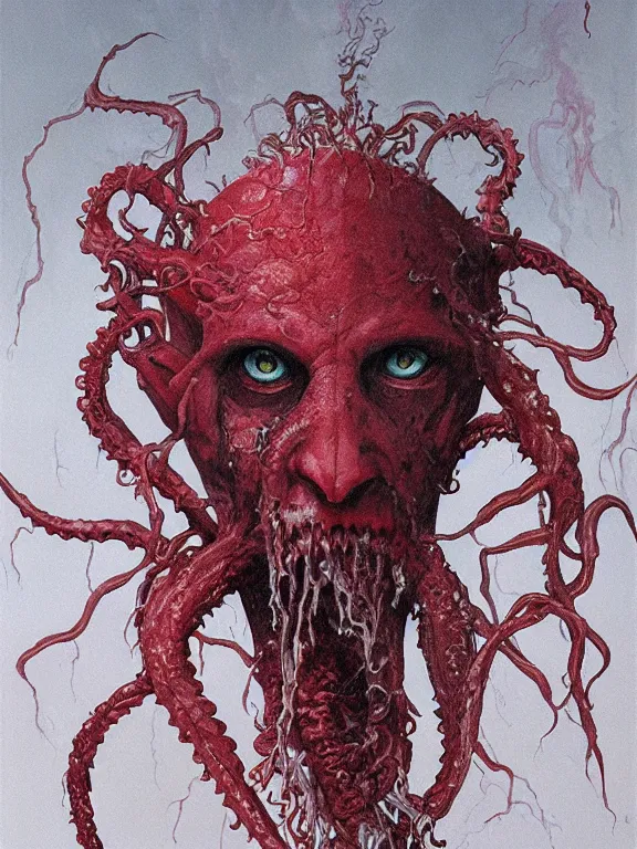 Image similar to painting by wayne barlowe of a flying sorrowful looking severed human head with tears running down it's eyes, face that is chalk white in color, with long sprawling white tentacles stemming down it's neck, fiery scorching red eyes, flying in a terrying hellish dark cavernous place