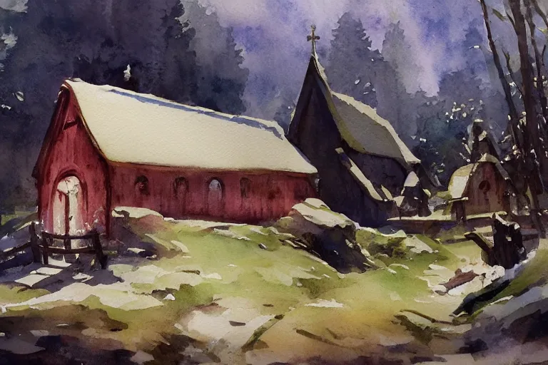 Prompt: small centered on watercolor paper, paint brush strokes, abstract watercolor painting of traditional scandinavian wooden church, medieval chapel, cinematic light, national romanticism by hans dahl, by jesper ejsing, by anders zorn, by greg rutkowski, by greg manchess, by tyler edlin