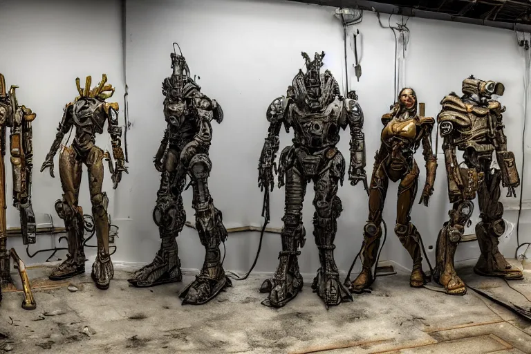 Image similar to photo taken of an epic intricate, ultra detailed, super realistic gritty, hero prop, exquisitely weathered fallout 4 power amour suit movie prop replica's in a row in the workshop, created by weta workshop, full body shot, photorealistic, sharp focus, white wall, cold colour temperture, golden ratio