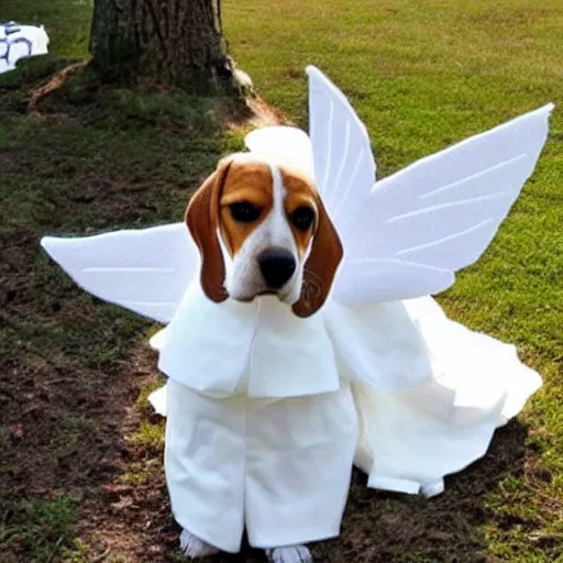 Image similar to A beagle dressed as an angel.