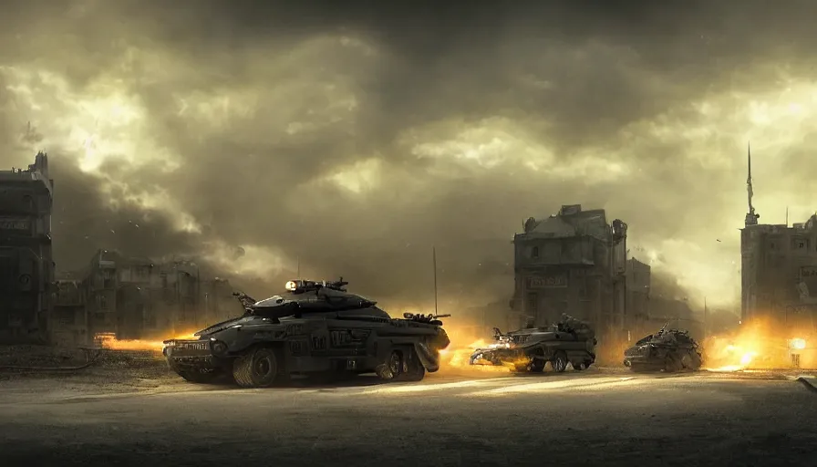 Image similar to a militarized police vehicle riding through an orwellian town, action scene, an epic fantasy, dramatic lighting, cinematic, establishing shot, extremely high detail, photorealistic, cinematic lighting, artstation, by christopher nolan, horizon forbidden west