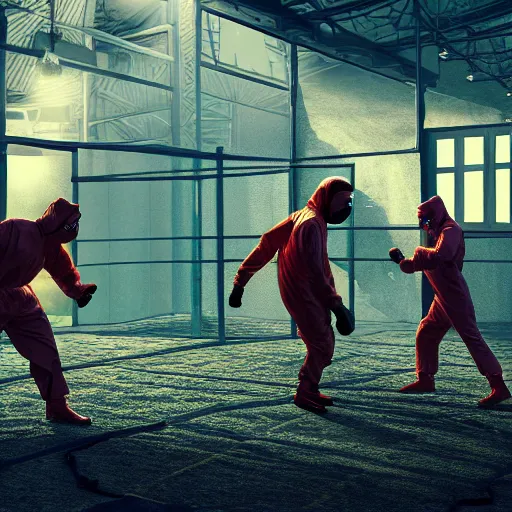 Image similar to wrestlers wearing hazmat suits backyard cage wrestling, hyper realism, cinematic, volumetric lighting, epic composition, high detail, octane render, unreal engine, ray tracing, apocalyptic, intricate complexity, extremely detailed, very sharp,