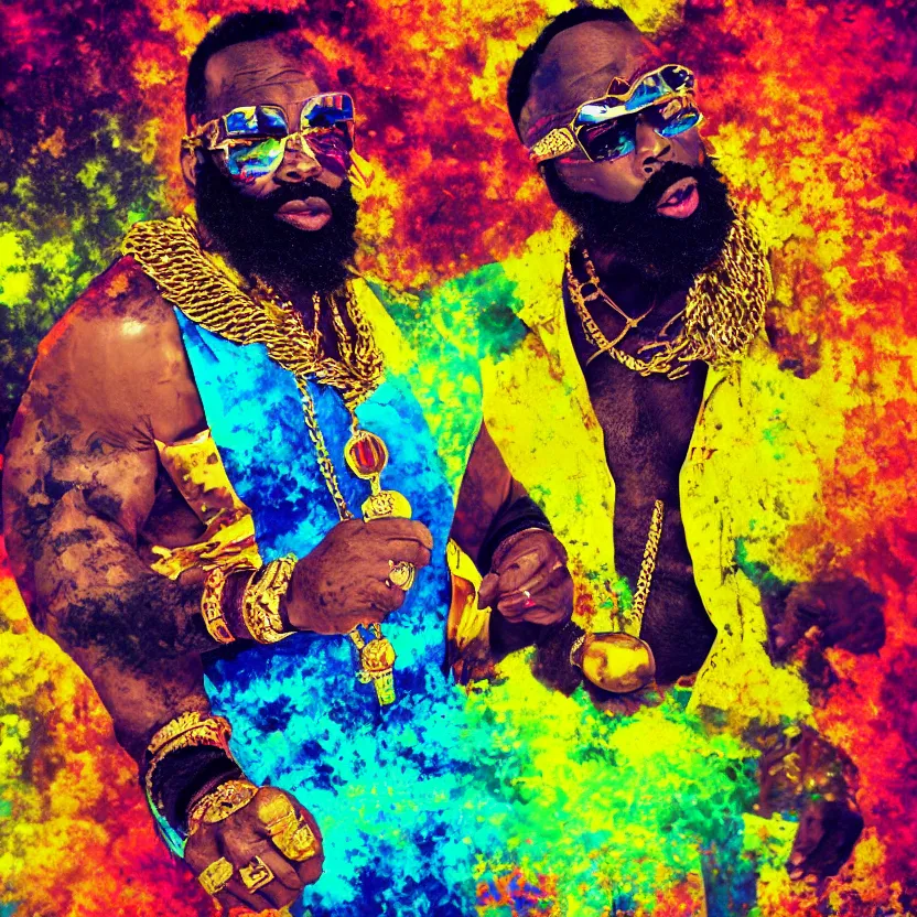 Prompt: mr. t pitying a fool, hyper color, stylized photo, gold chains, digital art