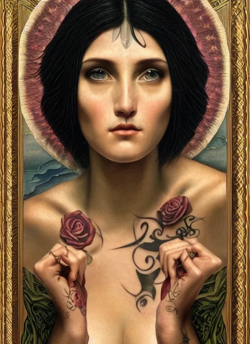 Image similar to single beautiful enlightened cult magic psychic woman with tattoos, tattooed skin, portrait, oil painting, robe, symmetrical face, greek dark ritual myth, by john william godward and anna dittman, masterpiece