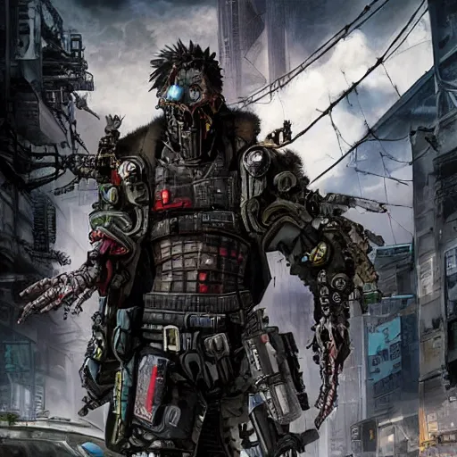 Prompt: a post-apocalyptic cyberpunk grimdarka bandit-raider leader in the style of leonard boyarsky in the style of Yoji Shinkawa detailed realistic HD 8k High Resolution