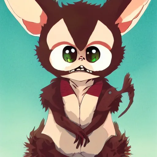 Image similar to Gizmo Mogwai from Gremlins playing around, cute anime, by Ghibli, trendy on artstation