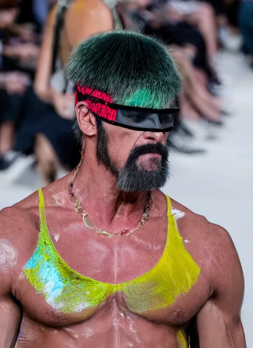 Image similar to hyperrealistic and heavy detailed balenciaga runway show of hulk hogan, leica sl 2 5 0 mm, vivid color, high quality, high textured, real life