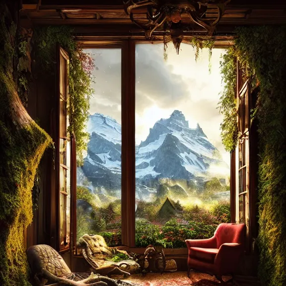 Image similar to fantastical living room with switzerland landscape in the window by marc adamus, beautiful dramatic lighting, overgrown with funghi, style by peter deligdisch, peterdraws