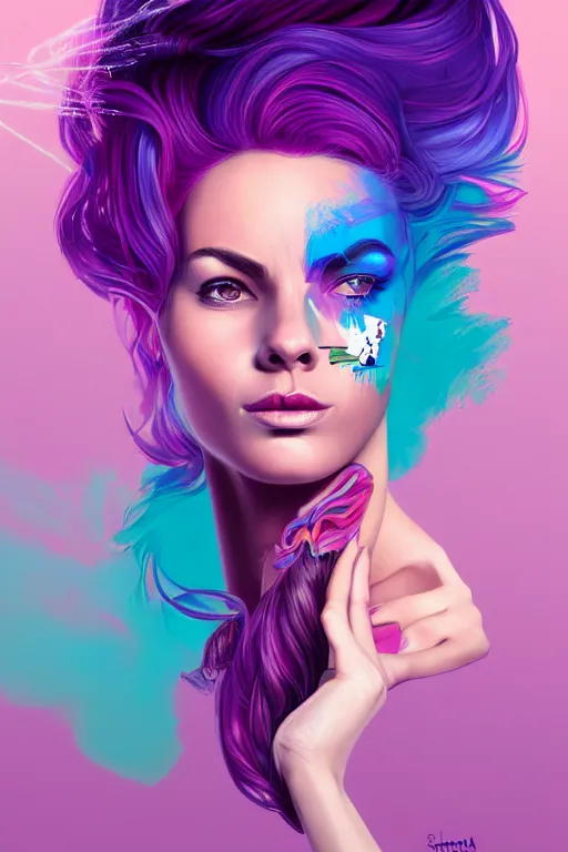 Image similar to a award winning half body portrait of a beautiful woman in a winter sweater with ombre purple pink blue hairstyle with head in motion and hair flying by sandra chevrier, outrun, vaporware, illustration, digital art, trending on artstation, highly detailed, fine detail, intricate