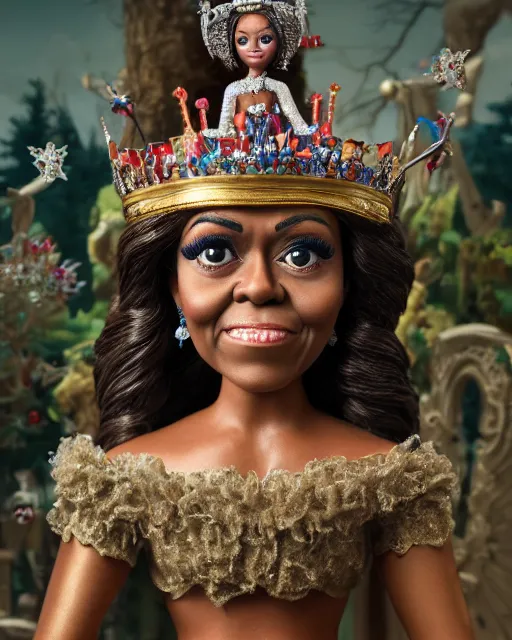 Image similar to highly detailed closeup, face profile portrait of a tin toy michelle obama as a fairytale princess wearing a crown and sitting on a throne, bikini, depth of field, nicoletta ceccoli, mark ryden, lostfish, max fleischer, breathtaking, detailed and intricate environment, 8 k resolution, hyperrealistic, octane render
