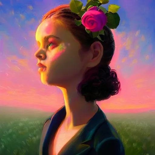 Image similar to closeup, huge rose flower on head, frontal, girl in a suit, surreal photography, sunrise, dramatic light, impressionist painting, digital painting, artstation, simon stalenhag