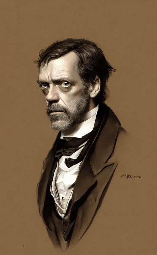 Prompt: Portrait of Hugh Laurie as a victorian gentleman, male, detailed face, 19th century, highly detailed, cinematic lighting, digital art painting by greg rutkowski