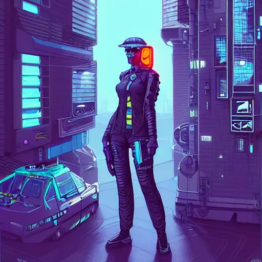 Prompt: A cyberpunk policewoman cyborg on the street of a cyberpunk city art by Josan Gonzalez, sci-fi, highly detailed, digital painting, artstation, smooth, sharp focus, illustration, concept art by Josan Gonzalez and James Gurney and Mœbius