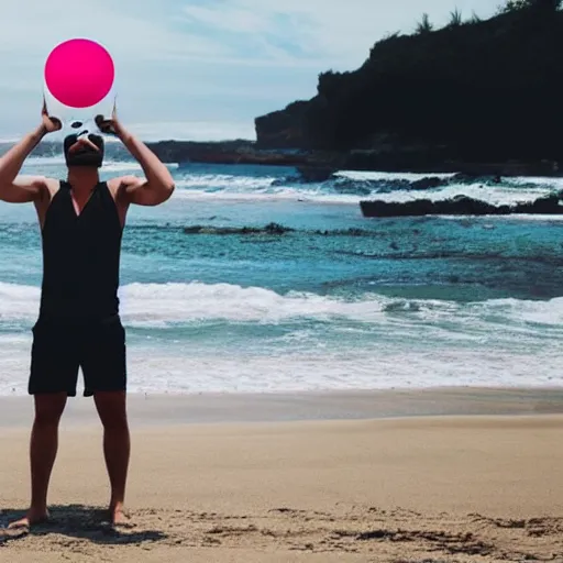 Image similar to a man wearing a vr headset on the beach while throwing a frisbee