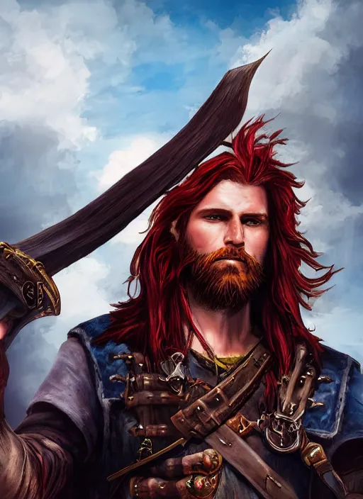 Prompt: An epic fantasy comic book style portrait painting of a long haired, red headed male sky-pirate in front of an sky-ship in the style of the wheel of time, unreal 5, DAZ, hyperrealistic, octane render, cosplay, RPG portrait, dynamic lighting