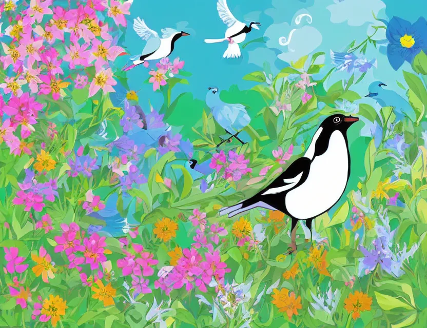 Prompt: magical magpie in a cottage garden. this vector art by the beloved children's book illustrator has a beautiful composition, interesting color scheme, flat shading.