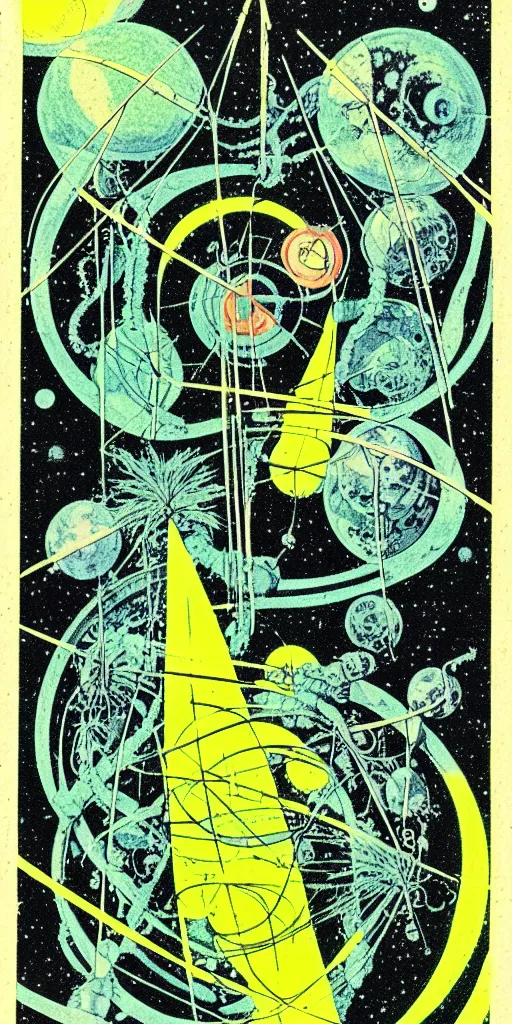 Image similar to 1968 science fiction tarot card, cut out collage, Jugendstil, xerox punk, spring on Saturn, epic theater, deep sea, mountain plants, nouvelle vague, drawings in part by moebius, part by Ernst Haekl, text by William S Boroughs, composition by bauhaus