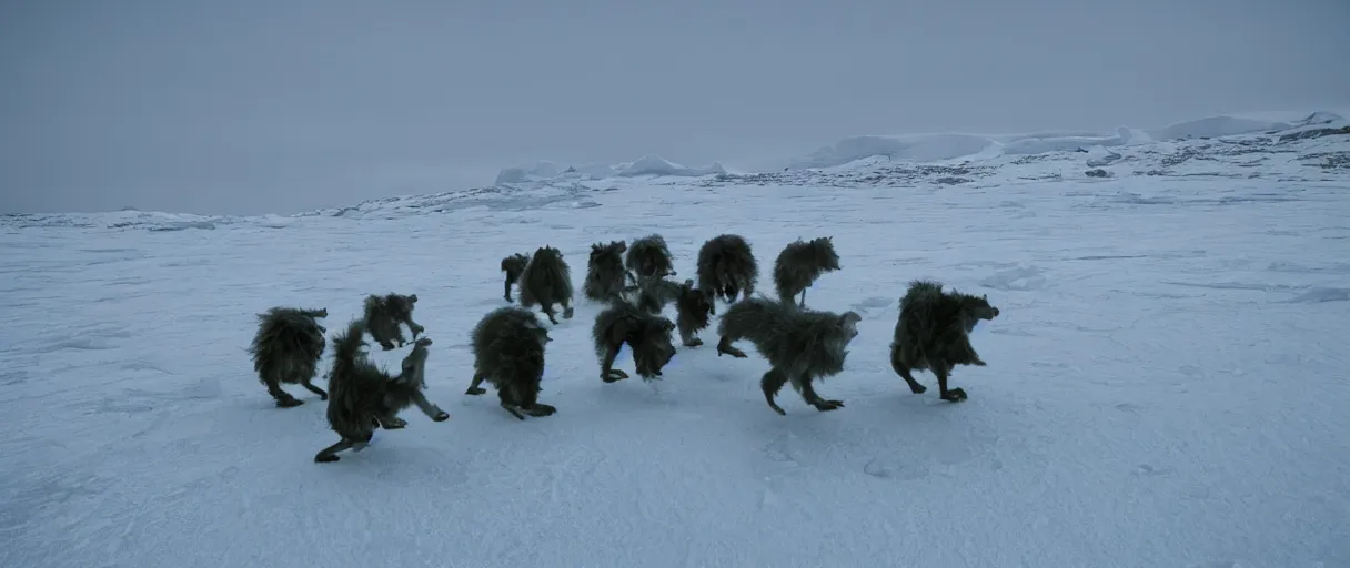 Prompt: filmic extreme wide shot movie still 4 k uhd interior 3 5 mm film color photograph taken at night of a bunch of creatures running around mcmurdo station in antartica