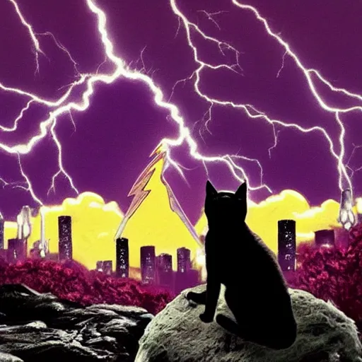 Prompt: a cat is sitting on a rock and looks at a total fallout city, while it is radioactive raining and a wild ghoul is coming nearby, there is a lightning which is deep purple, the cat has high details and can only be seen from the back