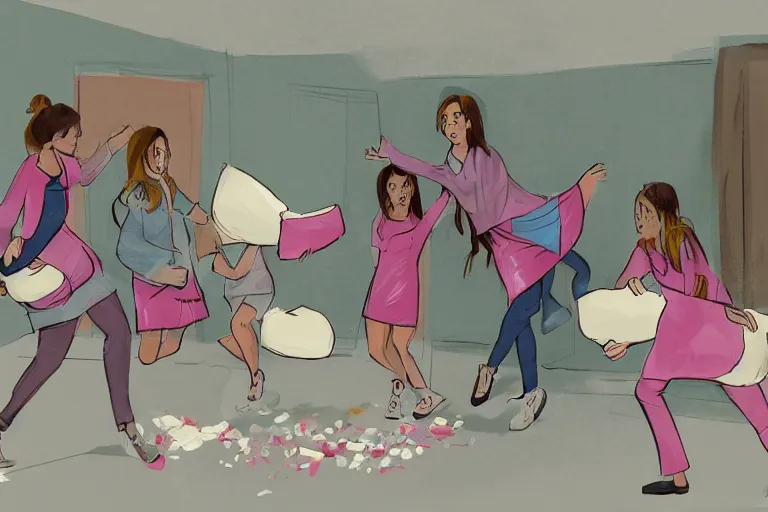 Prompt: pillow fight in the girls dormitory, concept art, cinematic