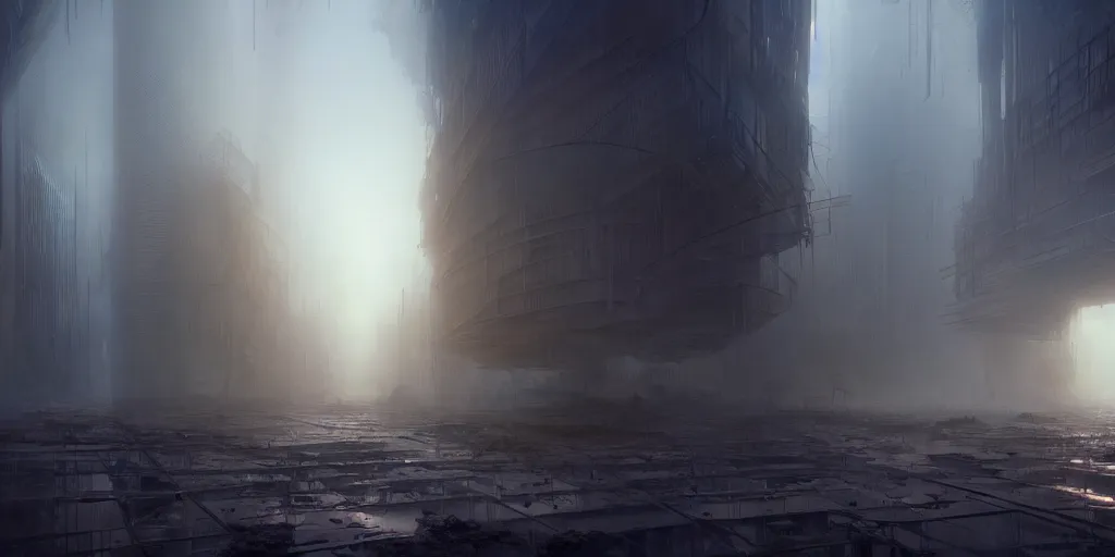 Prompt: an abandoned dystopian city of parametric architecture, by federico pelat and craig mullins and james paick and stephan martiniere, concept art, hyperrealism, 8 k resolution, octane render, cinematic, ominous, dramatic, volumetric lighting, misty