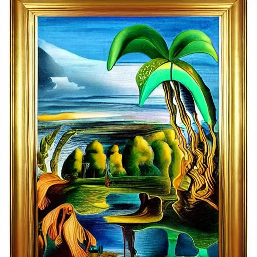 Prompt: a framed painting of a beautiful salvador dali tropical landscape