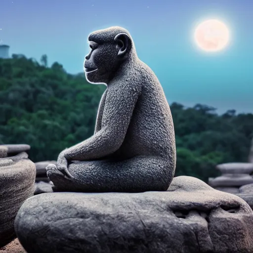 Image similar to photo of a meditating monkey on a chinese stone forest at night with the giant moon begind,