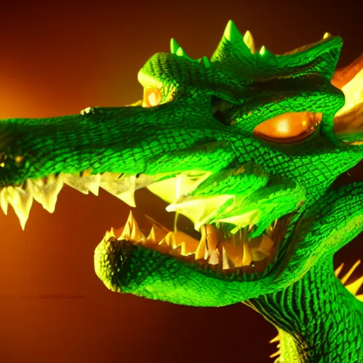 Image similar to green dragon, smiling, studio shot, volumetric lighting, 8 k, real life picture, realistic, hyperdetailed, no blur, shadows