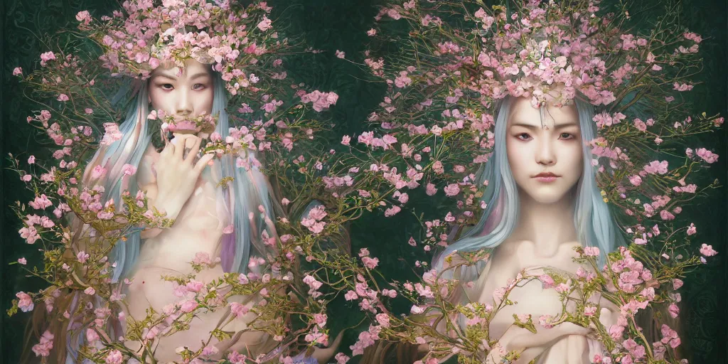 Prompt: breathtaking detailed concept art painting of the goddess of cherry blossom flowers, full body, orthodox saint, with anxious, piercing eyes, ornate background, amalgamation of leaves and flowers, by Hsiao-Ron Cheng, James jean, Miho Hirano, Hayao Miyazaki, extremely moody lighting, 8K