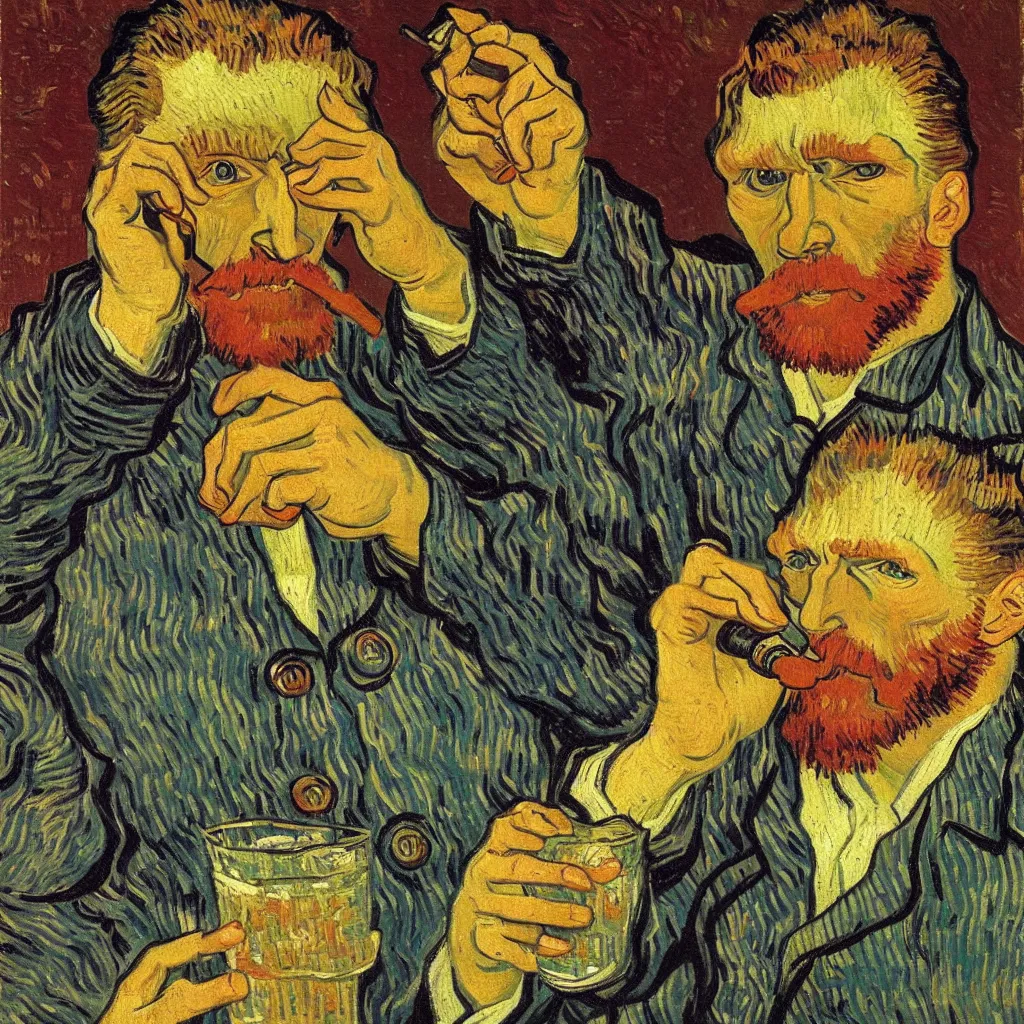 Prompt: oil on canvas of vincent van gogh drinking cola, modern, detailed, by vincent van gogh