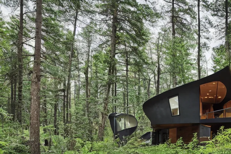 Prompt: a large modern cabin sitting on detritus, with curved shapes and ergonomic design, lush foliage