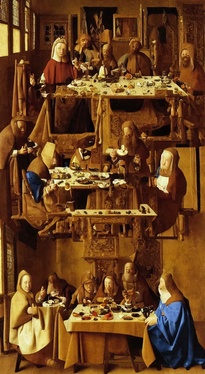 Image similar to Noble lunch. They dined in a large, richly furnished room. There were a lot of food on the table. Medieval painting by Jan van Eyck, Johannes Vermeer, Florence,