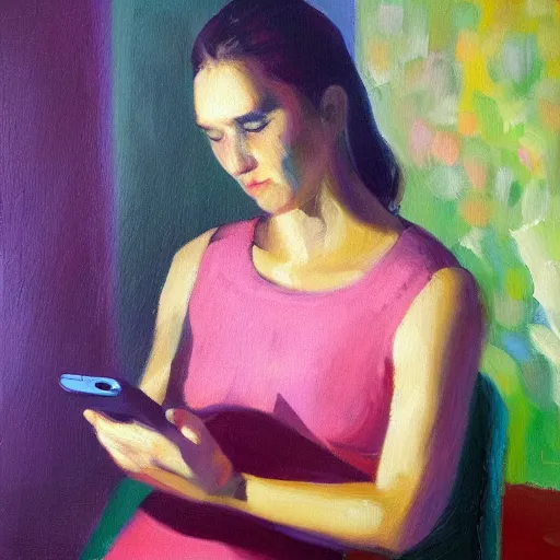 Image similar to a vivid impressionistic painting portrait of a bored woman, she is holding a smartphone, oil on canvas, trending on artstation