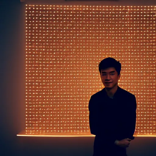 Image similar to a 2 5 year old asian daytrader standing proudly in front of triangular nanoleaf led lights on his bedroom wall