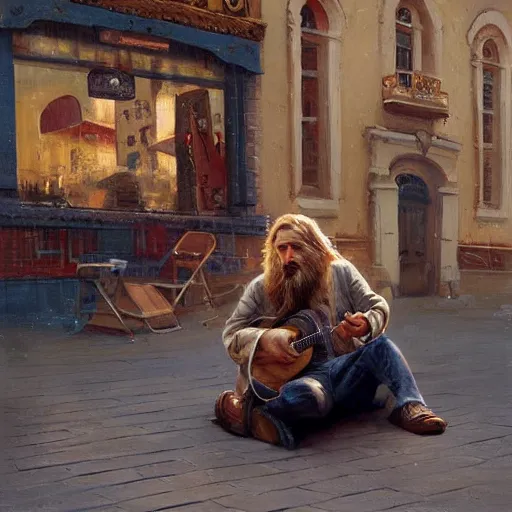 Image similar to oil painting of a young man with long hair blond and a beard hippie style with his golden retrever dog playing guitar in the square for money, people watching around, by greg rutkowski, artstation