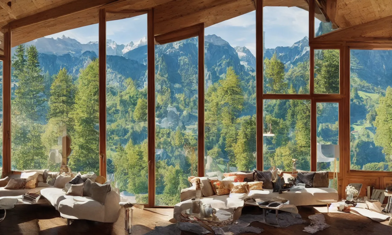 Image similar to fantastical living room with switzerland landscape in the window